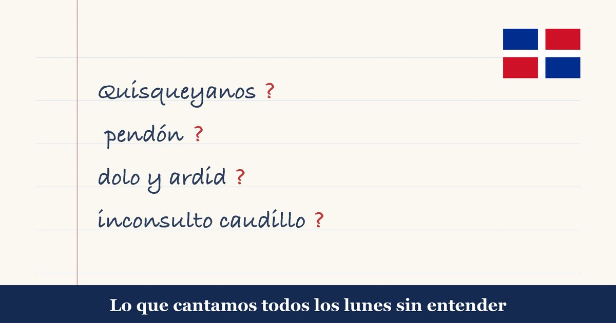 Palabras del himno nacional dominicano escritas en un cuaderno con signos de interrogación