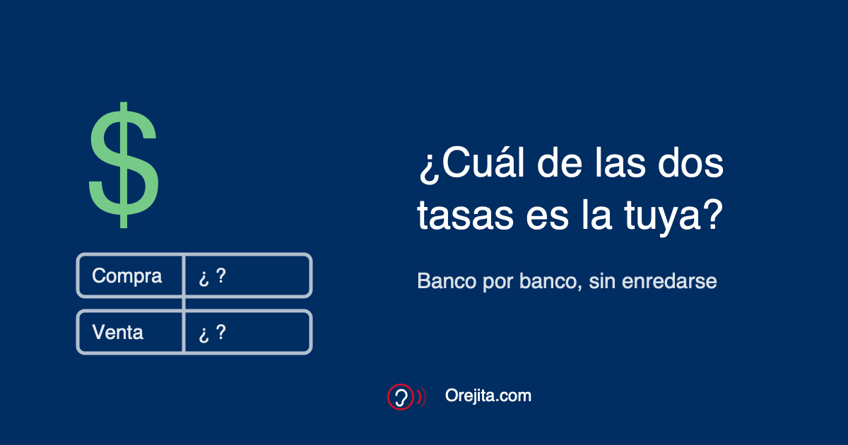 Un signo de dólar y una tablita con las filas compra y venta sin cifras, con la pregunta: ¿cuál de las dos tasas es la tuya?